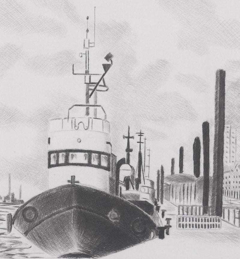 Camille COMBE : Dans le port de Hambourg, Gravure originale signée