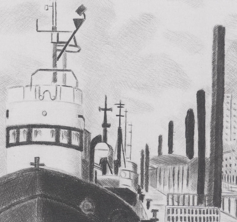 Camille COMBE : Dans le port de Hambourg, Gravure originale signée
