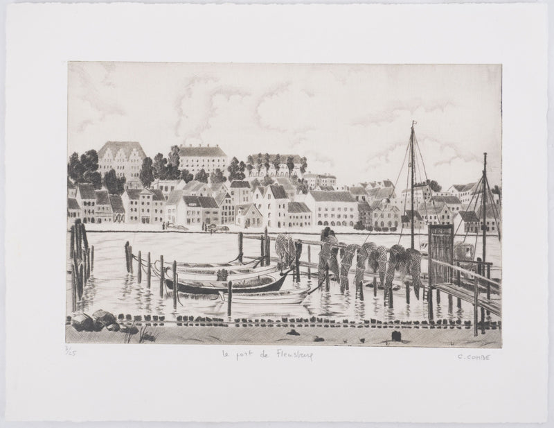 Camille COMBE : Le port de Flensbourg, Gravure originale signée