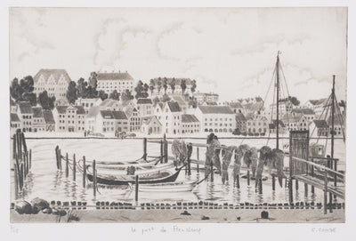 Camille COMBE : Le port de Flensbourg, Gravure originale signée