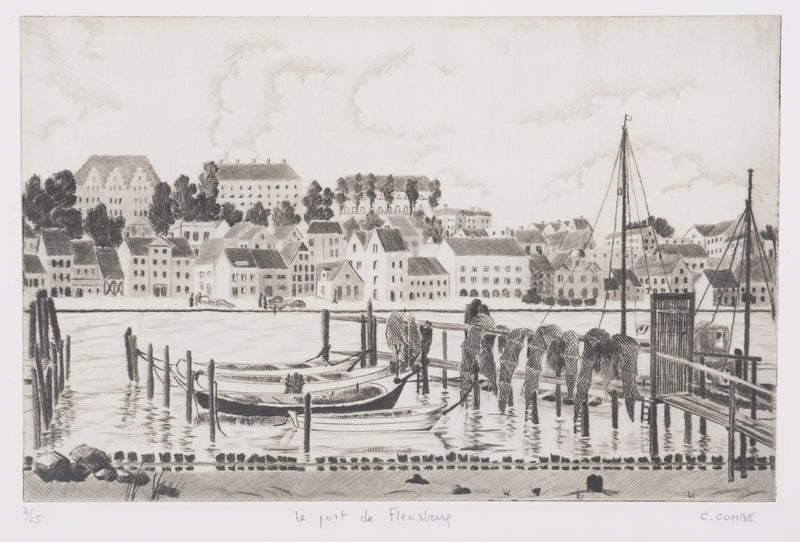 Camille COMBE : Le port de Flensbourg, Gravure originale signée