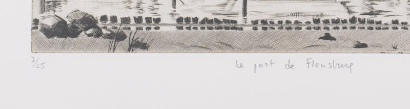 Camille COMBE : Le port de Flensbourg, Gravure originale signée