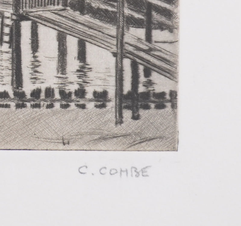 Camille COMBE : Le port de Flensbourg, Gravure originale signée