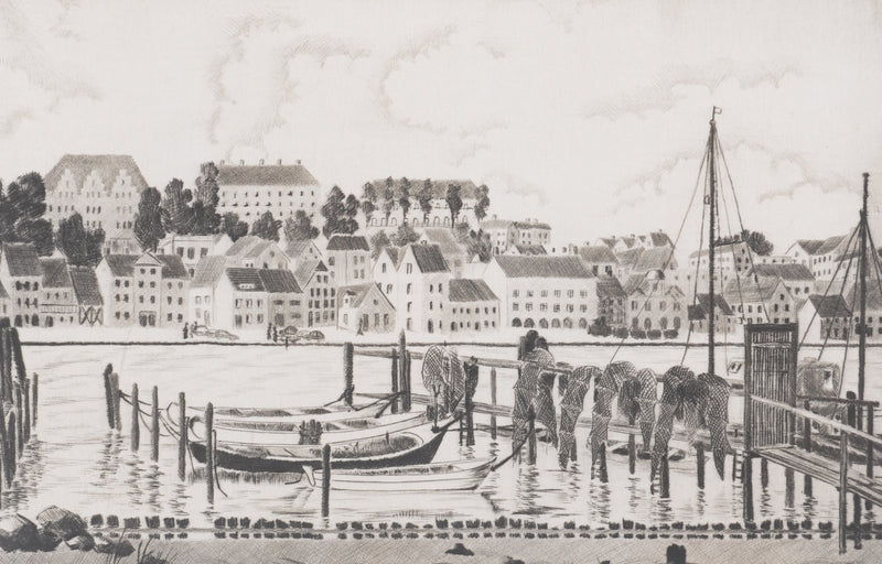 Camille COMBE : Le port de Flensbourg, Gravure originale signée