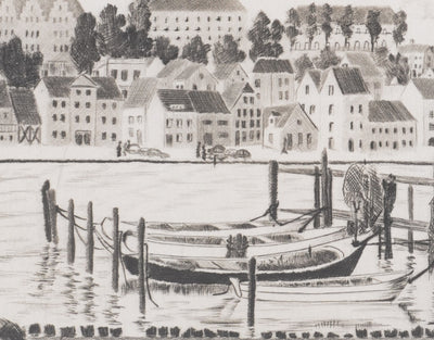 Camille COMBE : Le port de Flensbourg, Gravure originale signée