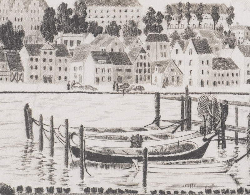 Camille COMBE : Le port de Flensbourg, Gravure originale signée