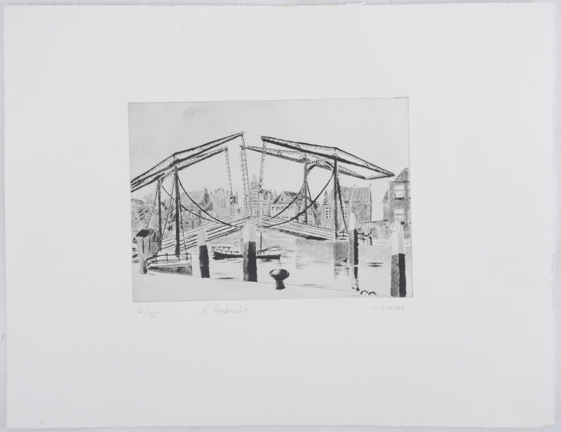 Camille COMBE : A Dordrecht (Pays-Bas), Gravure originale signée