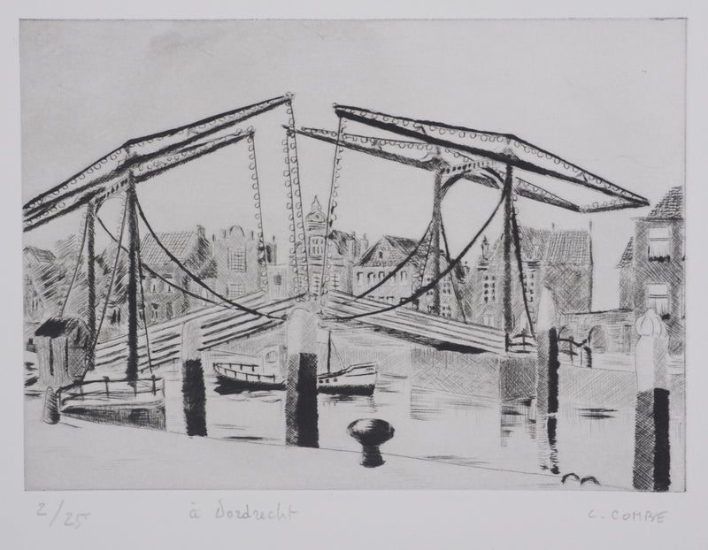 Camille COMBE : A Dordrecht (Pays-Bas), Gravure originale signée