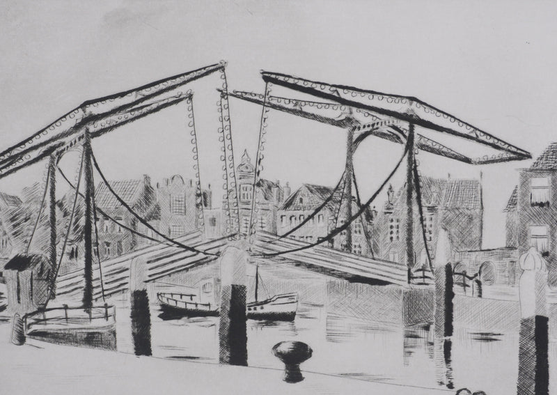 Camille COMBE : A Dordrecht (Pays-Bas), Gravure originale signée