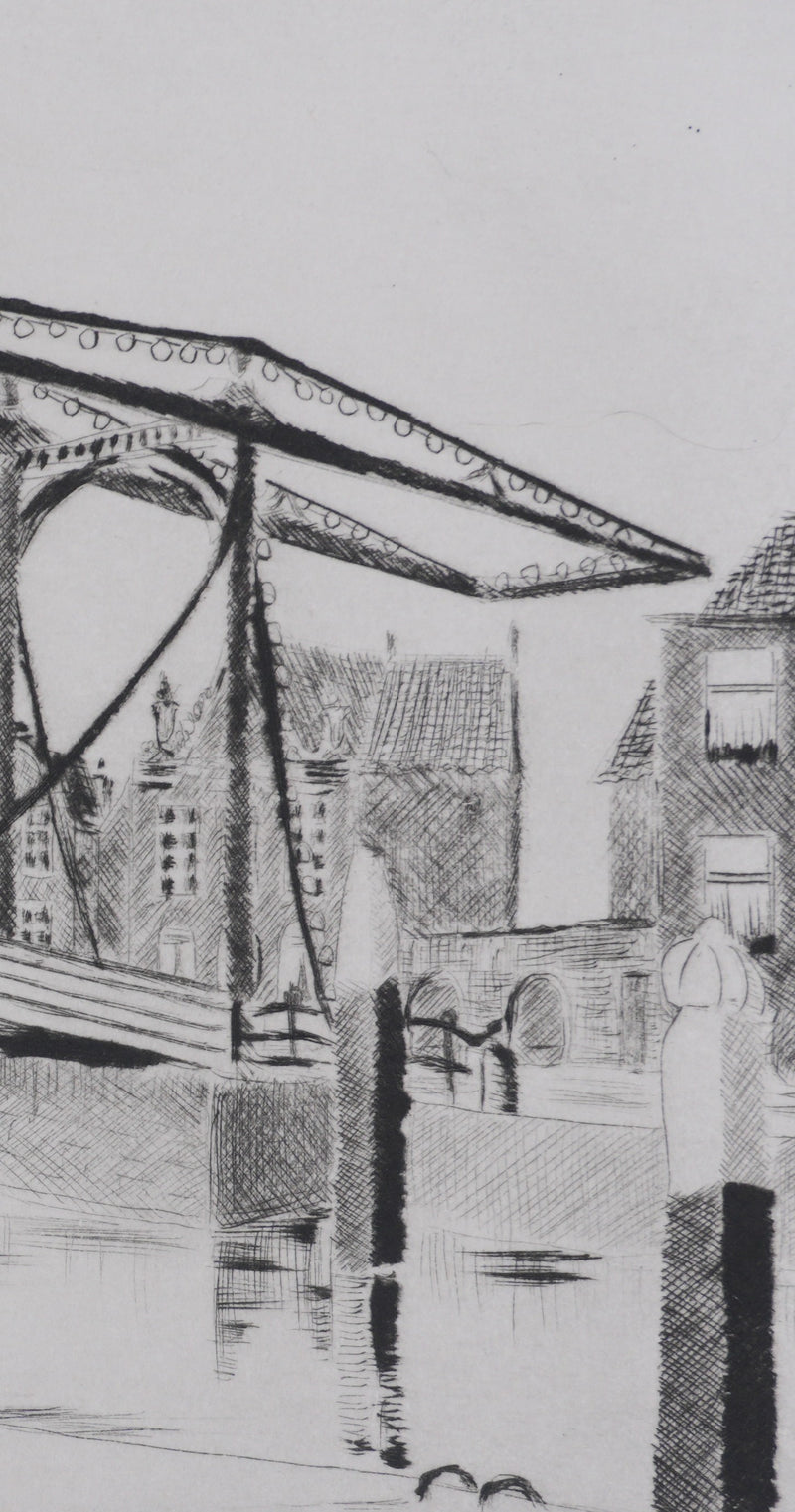 Camille COMBE : A Dordrecht (Pays-Bas), Gravure originale signée