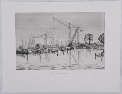 Camille COMBE : Le port de Spaarndam, Gravure originale signée
