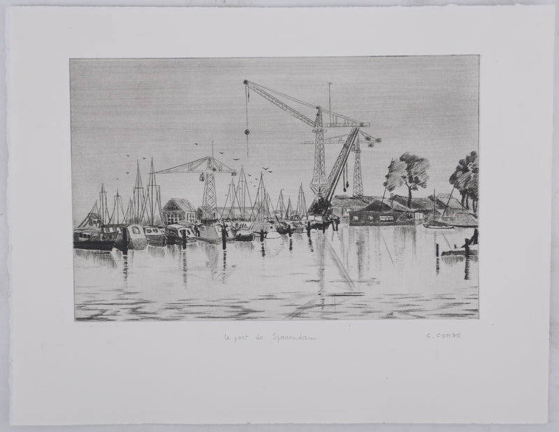 Camille COMBE : Le port de Spaarndam, Gravure originale signée