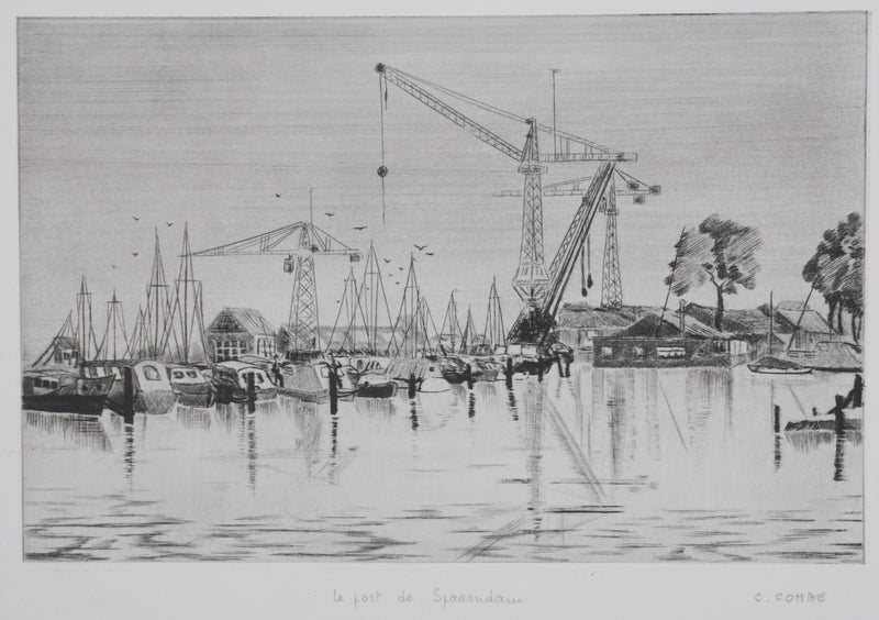 Camille COMBE : Le port de Spaarndam, Gravure originale signée