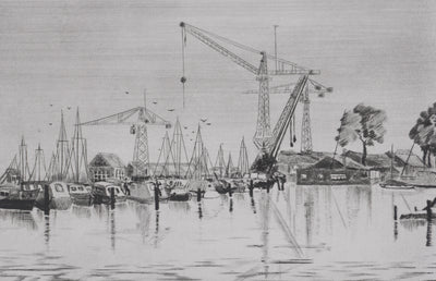 Camille COMBE : Le port de Spaarndam, Gravure originale signée