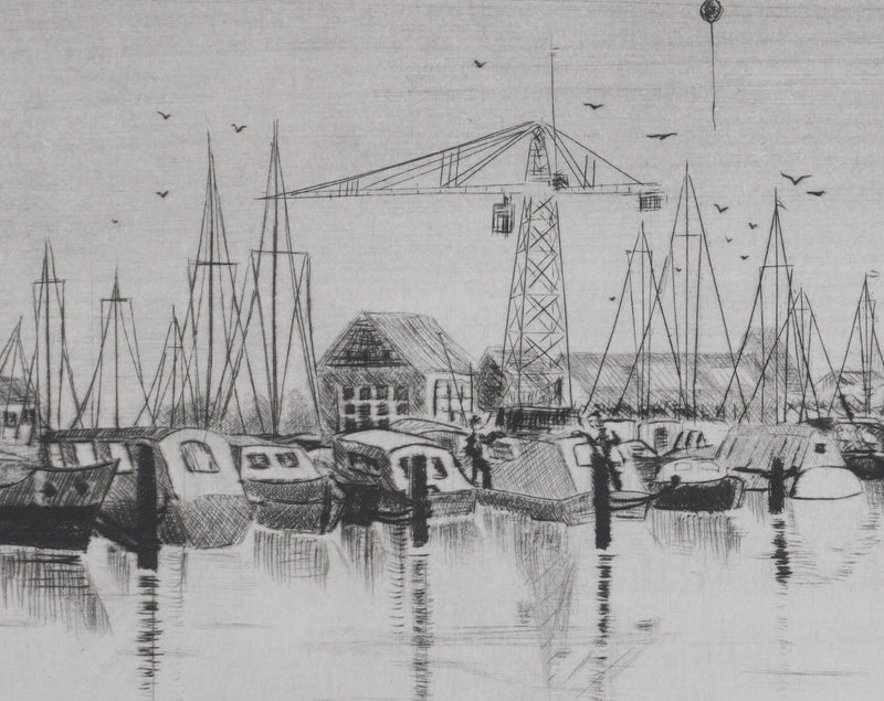 Camille COMBE : Le port de Spaarndam, Gravure originale signée