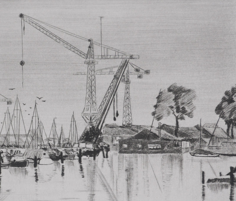 Camille COMBE : Le port de Spaarndam, Gravure originale signée