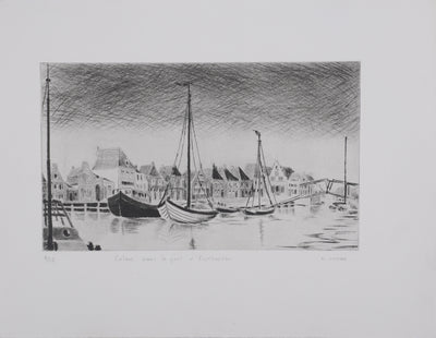 Camille COMBE : Calme dans le port d'Enkhuizen, Gravure originale signée