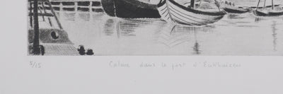 Camille COMBE : Calme dans le port d'Enkhuizen, Gravure originale signée