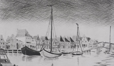 Camille COMBE : Calme dans le port d'Enkhuizen, Gravure originale signée