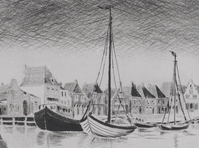 Camille COMBE : Calme dans le port d'Enkhuizen, Gravure originale signée
