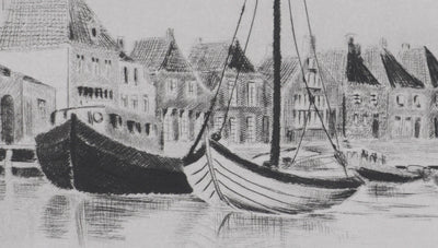 Camille COMBE : Calme dans le port d'Enkhuizen, Gravure originale signée