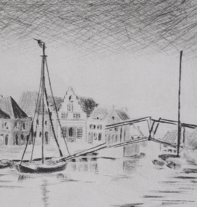 Camille COMBE : Calme dans le port d'Enkhuizen, Gravure originale signée