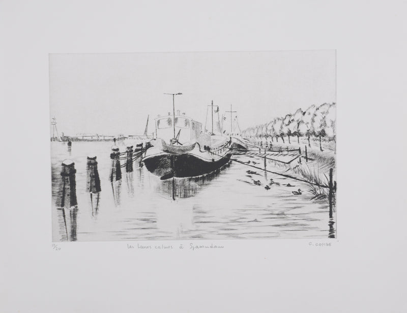 Camille COMBE : Les heures calmes de Spaarndam, Gravure originale signée