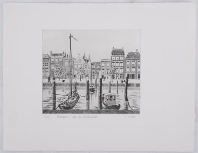 Camille COMBE : Dordrecht, près du Vischmarkt, Gravure originale signée