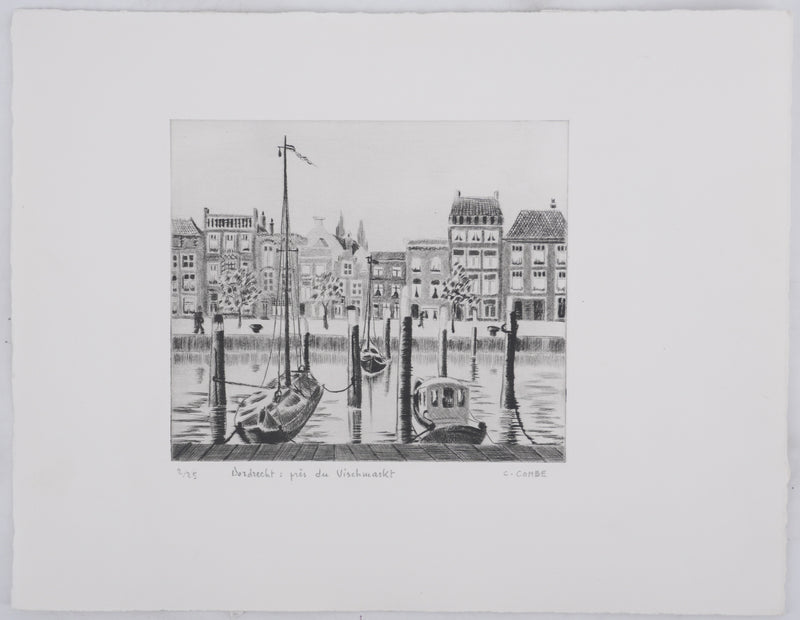 Camille COMBE : Dordrecht, près du Vischmarkt, Gravure originale signée