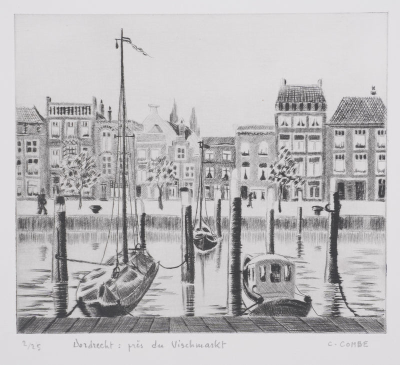 Camille COMBE : Dordrecht, près du Vischmarkt, Gravure originale signée