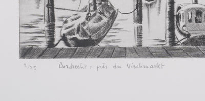 Camille COMBE : Dordrecht, près du Vischmarkt, Gravure originale signée