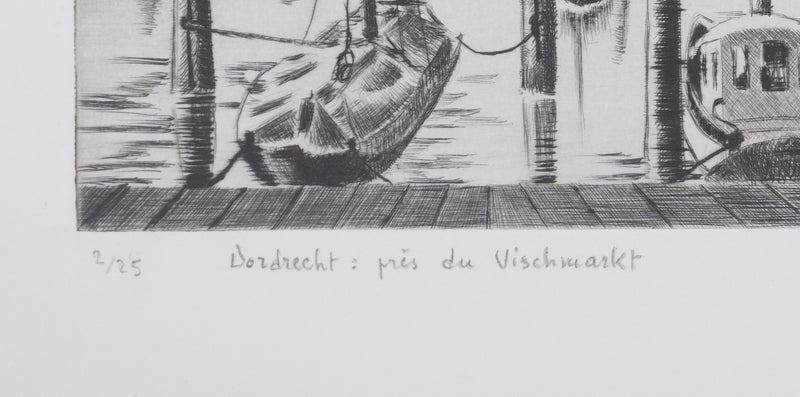 Camille COMBE : Dordrecht, près du Vischmarkt, Gravure originale signée