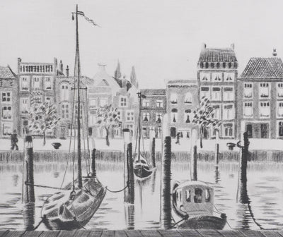 Camille COMBE : Dordrecht, près du Vischmarkt, Gravure originale signée