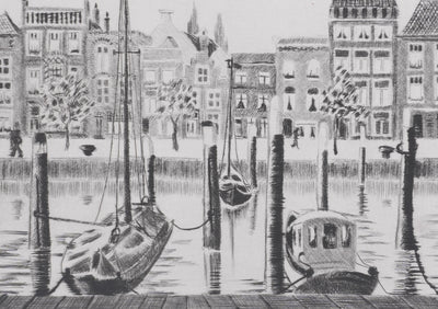 Camille COMBE : Dordrecht, près du Vischmarkt, Gravure originale signée