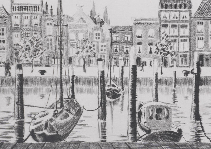 Camille COMBE : Dordrecht, près du Vischmarkt, Gravure originale signée