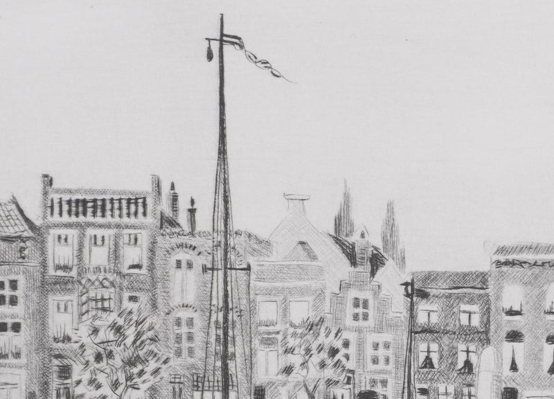 Camille COMBE : Dordrecht, près du Vischmarkt, Gravure originale signée
