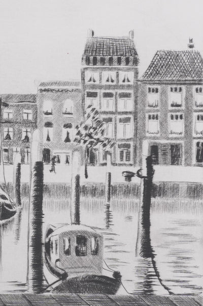 Camille COMBE : Dordrecht, près du Vischmarkt, Gravure originale signée