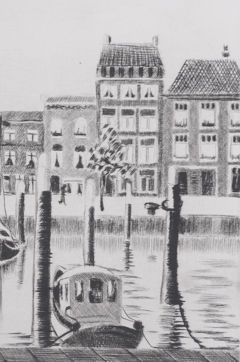 Camille COMBE : Dordrecht, près du Vischmarkt, Gravure originale signée