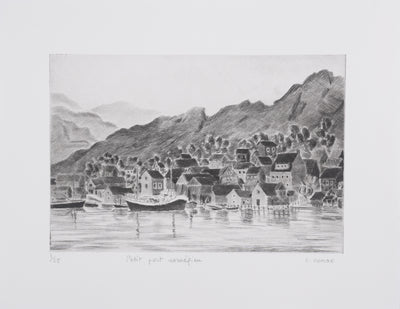 Camille COMBE : Petit port norvégien, Gravure originale signée