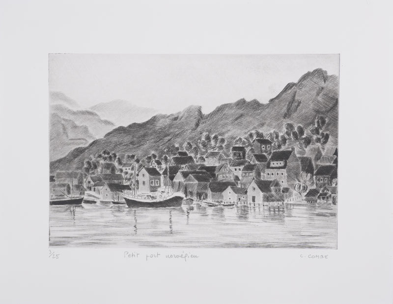 Camille COMBE : Petit port norvégien, Gravure originale signée