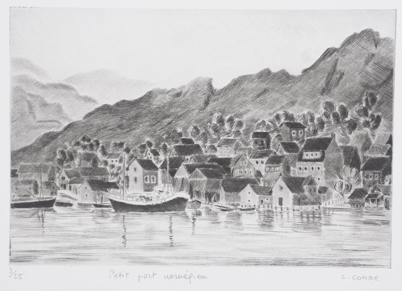 Camille COMBE : Petit port norvégien, Gravure originale signée