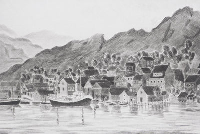 Camille COMBE : Petit port norvégien, Gravure originale signée