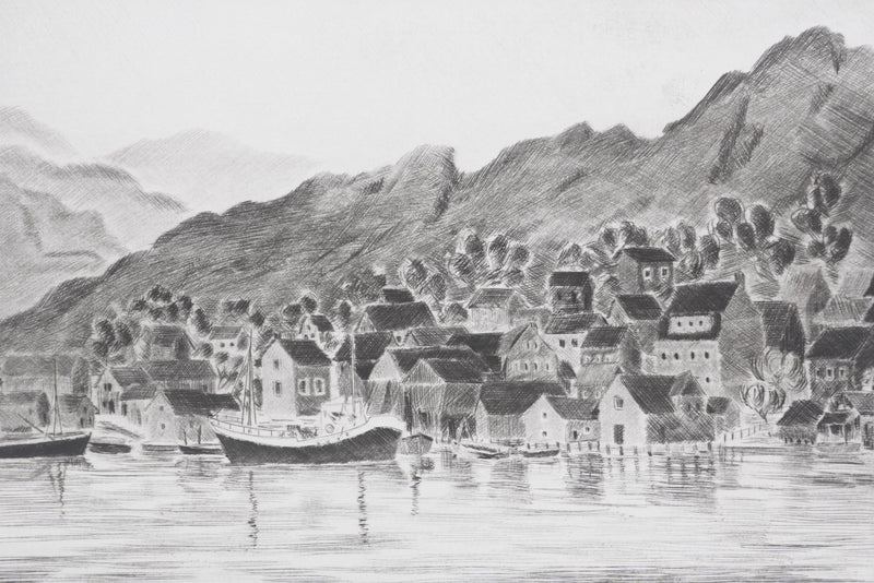 Camille COMBE : Petit port norvégien, Gravure originale signée