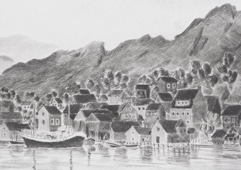 Camille COMBE : Petit port norvégien, Gravure originale signée
