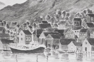 Camille COMBE : Petit port norvégien, Gravure originale signée