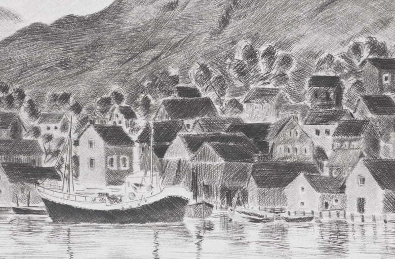 Camille COMBE : Petit port norvégien, Gravure originale signée
