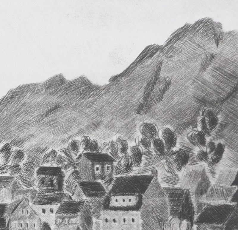 Camille COMBE : Petit port norvégien, Gravure originale signée