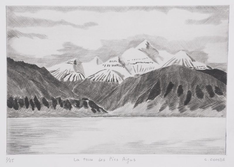 Camille COMBE : La terre des Pics Aigus, Gravure originale signée