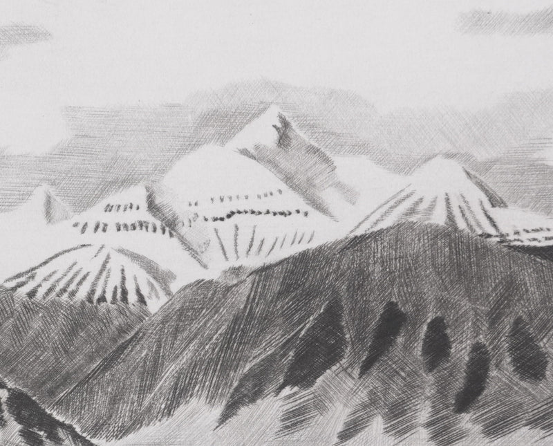 Camille COMBE : La terre des Pics Aigus, Gravure originale signée