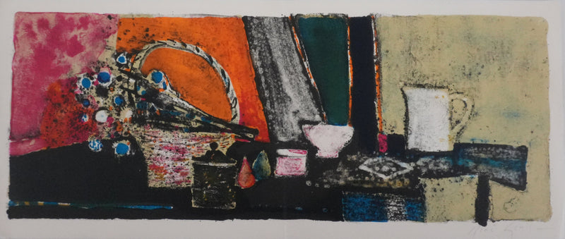 René GENIS : Le panier et nature morte, Lithographie originale signée